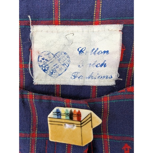 Ms Frizzle Blue Red Plaid Teacher Schoolhouse Apple Button Pinafore Dress Size S - Picture 4 of 9